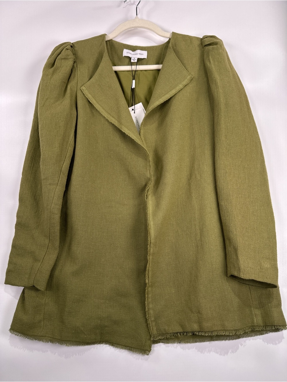 Something Navy Puff Shoulder Blazer Raw Hem Linen Cotton Blend Green Small - Picture 2 of 14